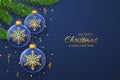 Merry christmas greeting card or banner. Hanging transparent glass balls with golden snowflakes inside, pine branches on blue Royalty Free Stock Photo