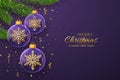 Merry christmas greeting card or banner. Hanging transparent glass balls with golden snowflakes inside, pine branches on purple Royalty Free Stock Photo