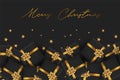 Merry Christmas greeting card. Black luxurious design - presents boxes with golden ribbon and bow, gold stars confetti on surface. Royalty Free Stock Photo