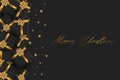 Merry Christmas greeting card. Black luxurious design - presents boxes with golden ribbon and bow, gold stars confetti on surface.