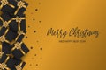 Merry Christmas greeting card. Black luxurious design - presents boxes with golden ribbon and bow, gold stars confetti on surface. Royalty Free Stock Photo