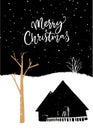 Merry Christmas greeting card. Black and white illustration with gold tree and village cottage. Night scenery