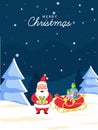 Merry Christmas Greeting Card in Blue and White Color, Illustration of Cute Santa Claus with Sleigh Full of Gift Boxes and Xmas Royalty Free Stock Photo