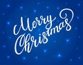 Merry Christmas greeting card with bright white lettering and shining stars. Vector lettering for banners or card on a dark blue Royalty Free Stock Photo