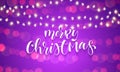 Merry Christmas greeting card calligraphy and Christmas lights garland on sparkling bokeh light background with blur. Vector festi Royalty Free Stock Photo