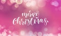 Merry Christmas greeting card and calligraphy lettering on festive sparkling snowflakes light with blur bokeh effect. Vector Chris