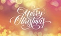 Merry Christmas greeting card and calligraphy lettering on festive sparkling snowflakes light with blur bokeh effect. Vector Chris