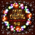 Gold Merry Christmas and Happy New Year black shine background with decoration on golden light stars confetti. Vector illustration Royalty Free Stock Photo