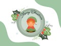 Merry Christmas Greeting Card with Cartoon Elf Character, Berries and Leaves Decorated Royalty Free Stock Photo