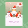 Merry Christmas Greeting Card with Cartoon Santa Claus Holding Gift Box, Snowman and Reindeer on Snowy Royalty Free Stock Photo