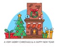 Merry Christmas greeting card with chimney. Happy New year wishes. Poster in flat line modern style.