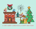 Merry Christmas Greeting Card With Christmas Tree. Happy New Year Wishes. Poster In Flat Line Modern Style.