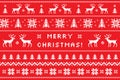 Merry Christmas greeting card with classical winter sweater design. Nordic knitted pattern with deers, snowflakes and
