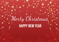 Merry Christmas greeting card color template. Happy New Year inscription with golden confetti and streamers on red Royalty Free Stock Photo