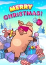 Merry Christmas. Greeting card. Cool pig in pink eyeglasses with candies lying on a pile of gifts Royalty Free Stock Photo