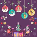 Merry Christmas! Greeting card with cute cartoon raccoons, Christmas tree, christmas balls, houseplants and snowflakes