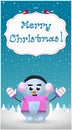 Merry christmas greeting card of cute cartoon snowman girl in ear muffs Royalty Free Stock Photo