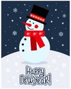 Merry Christmas greeting card, cute cartoon snowman in a scarf and hat on a background of snowflakes. Print vector Royalty Free Stock Photo