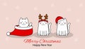 Merry Christmas greeting card with cute cats wear winter outfits. Happy holidays cartoon character. Vector Royalty Free Stock Photo