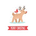 Merry christmas greeting card with cute deer