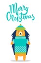 Merry Christmas Greeting Card Cute Hedgehog in Hat