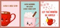 Merry Christmas greeting card. Cute kawaii cups. Hot chocolate and cappuccino