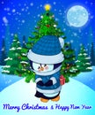 Merry Christmas greeting card with Cute penguin on forest and snowflakes background.