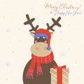 Merry Christmas greeting card. Cute reindeer in a red crocheted scarf and Santa Claus hat brought a gift. Holiday vector