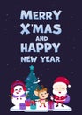 Merry Christmas greeting card with cute Santa Claus, reindeer, snowman and Christmas tree. Vector illustration Cute Christmas char Royalty Free Stock Photo