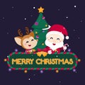 Merry Christmas greeting card with cute Santa Claus, reindeer, snowman and Christmas tree. Vector illustration Cute Christmas char Royalty Free Stock Photo