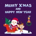 Merry Christmas greeting card with cute Santa Claus, reindeer, snowman and Christmas tree. Vector illustration Cute Christmas char Royalty Free Stock Photo