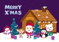 Merry Christmas greeting card with cute Santa Claus, reindeer, snowman and Christmas tree. Vector illustration Cute Christmas char Royalty Free Stock Photo