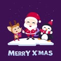 Merry Christmas greeting card with cute Santa Claus, reindeer, snowman and Christmas tree. Vector illustration Cute Christmas char Royalty Free Stock Photo