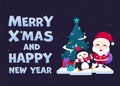 Merry Christmas greeting card with cute Santa Claus, reindeer, snowman and Christmas tree. Vector illustration Cute Christmas char Royalty Free Stock Photo
