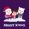 Merry Christmas greeting card with cute Santa Claus, reindeer, snowman and Christmas tree. Vector illustration Cute Christmas char Royalty Free Stock Photo