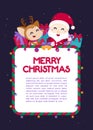 Merry Christmas greeting card with cute Santa Claus and reindeer. Vector illustration Cute Christmas template. Royalty Free Stock Photo