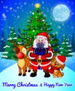 Merry Christmas greeting card with cute Santa, cristmas dog and deer on forest and snowflakes background. Royalty Free Stock Photo