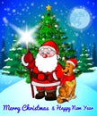 Merry Christmas greeting card with cute Santa and cristmas dog on forest and snowflakes background Royalty Free Stock Photo