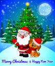 Merry Christmas greeting card with cute Santa and cristmas dog on forest and snowflakes background. Royalty Free Stock Photo
