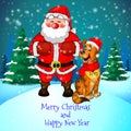 Merry Christmas greeting card with cute Santa and cristmas dog on forest and snowflakes background. Royalty Free Stock Photo