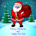 Merry Christmas greeting card with cute Santa and a sack of presents on forest and snowflakes background Royalty Free Stock Photo