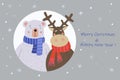 Merry Christmas greeting card. Cute Teddy Bear and Reindeer in a scarf came to visit. Holiday vector illustration