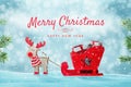 Merry Christmas greeting card with cute toy of Santa`s reindeer sleigh full of gifts in snow Royalty Free Stock Photo