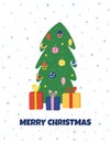 Merry Christmas greeting card with a cute Christmas tree and gifts