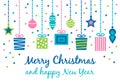 Merry Christmas greeting card with cute various gift presents, christmas balls and stars hang on ribbon in blue, green and pink