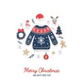 Merry Christmas greeting card with cute warm sweater