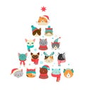 Merry Christmas greeting card with cute Xmas tree with cats headsn Royalty Free Stock Photo