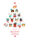 Merry Christmas greeting card with cute Xmas tree with cats headsn Royalty Free Stock Photo