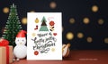 Merry Christmas Greeting Card With 3D Snowman, Gift Box, Bauble And Spruce Tree On Bokeh Blur Royalty Free Stock Photo