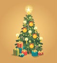 Merry Christmas greeting card with decorated christmas tree. Royalty Free Stock Photo